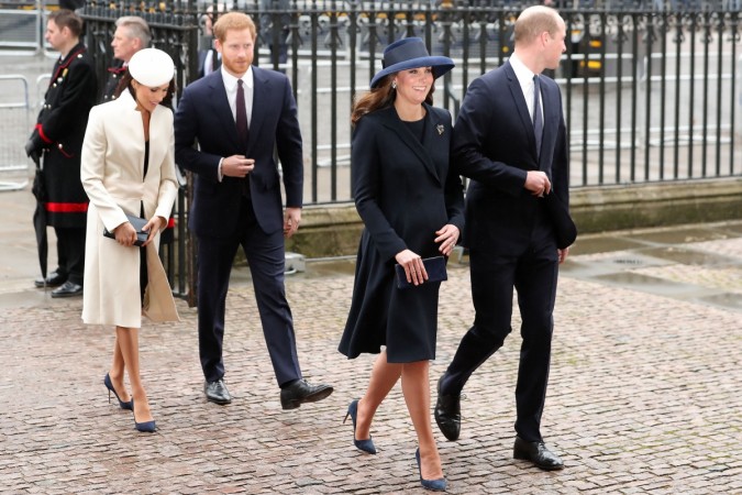 Britain's Catherine, Duchess of Cambridge, (2R) and her husband Britain's Prince William, Duke of Cambridge (R), arrive with Britain's Prince Harry (C) and his fiancée US actress Meghan Markle to attend a Commonwealth Day Service at Westminster Abbey Kate Middleton Meghan Markle dress