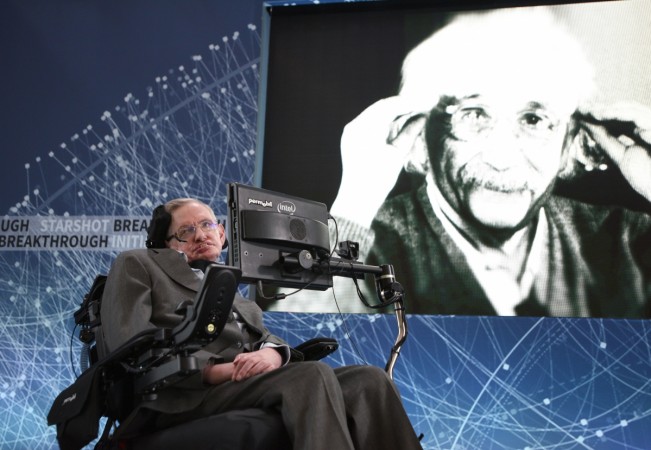 Stephen Hawking, CH, CBE, FRS, Dennis Stanton Avery and Sally Tsui Wong-Avery Director of Research, University of Cambridge as he and Yuri Milner host press conference to announce Breakthrough Starshot, a new space exploration initiative, at One World Observatory on April 12, 2016 in New York City. Stephen Hawking