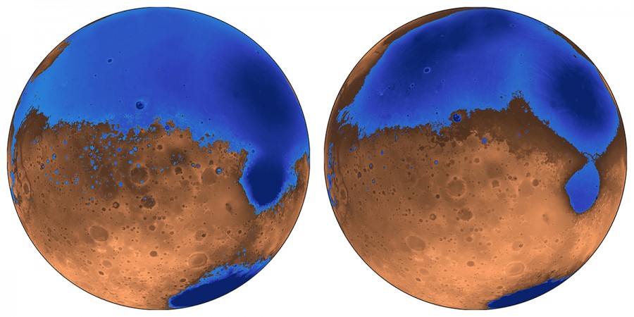 The early ocean known as Arabia (left, blue) would have looked like this when it formed 4 billion years ago on Mars, while the Deuteronilus ocean, about 3.6 billion years old, had a smaller shoreline. Both coexisted with the massive volcanic province Tharsis, located on the unseen side of the planet, which may have helped support the existence of liquid water. Martian oceans
