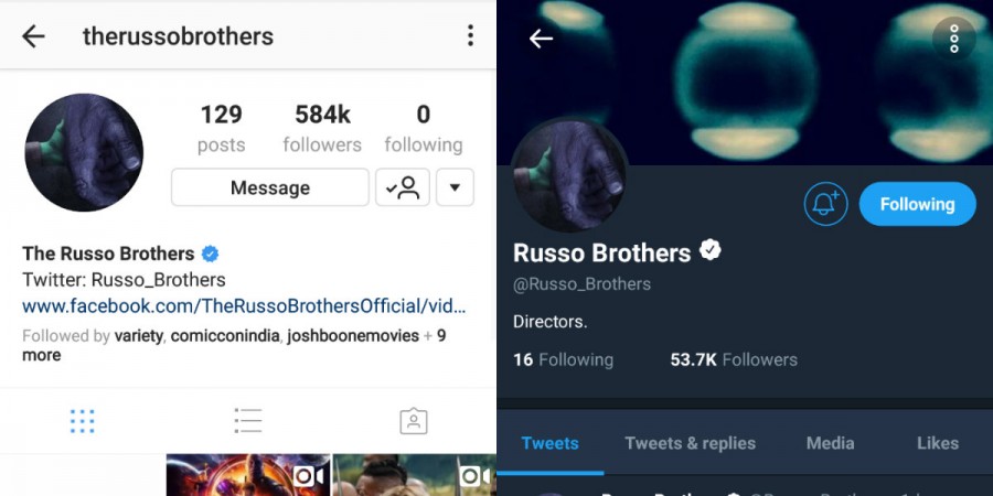 Russo Brothers' Instagram and Twitter accounts. Russo Brothers