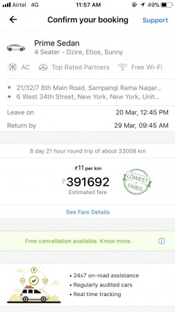 Bengaluru to New York, USA in Ola cab Bengaluru to New York, USA