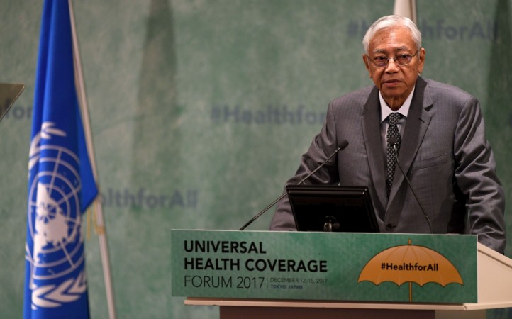 Myanmar President Htin Kyaw delivers a speech during the Universal Health Coverage forum high level opening session in Tokyo on December 14, 2017. Mayanmar President