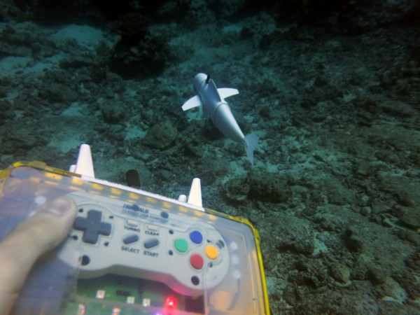 A waterproof Super Nintendo controller operates SoFi. robot fish