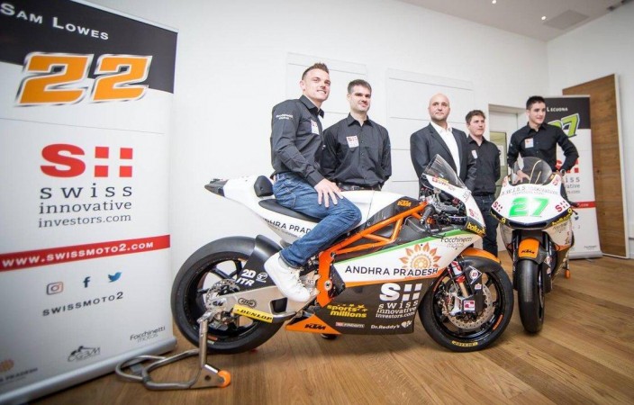 Sam Lowes and Iker Lecuona during the team introduction in February 2018 Andhra Pradesh sponsors a Moto 2 team