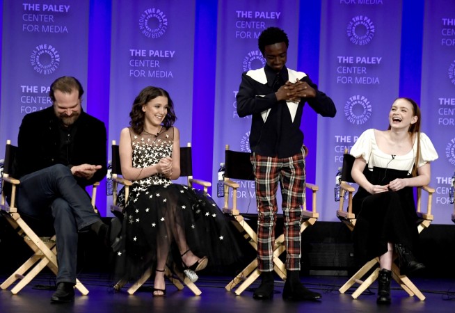 David Harbour (L), Millie Bobby Brown, Caleb McLaughlin, Sadie Sink onstage at The Paley Center For Media's 35th Annual PaleyFest Los Angeles - 'Stranger Things' at Dolby Theatre on March 25, 2018 in Hollywood, California Stranger Things