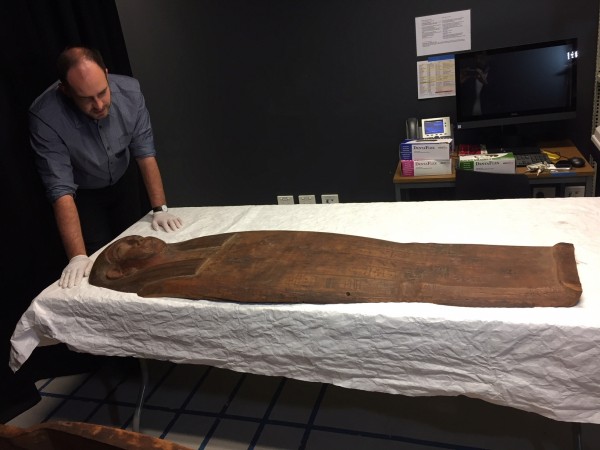 A 2,500-year old coffin that may contain a mummy lies at the University of Sydney in Sydney, Australia March 27, 2018. 2,500-year old coffin