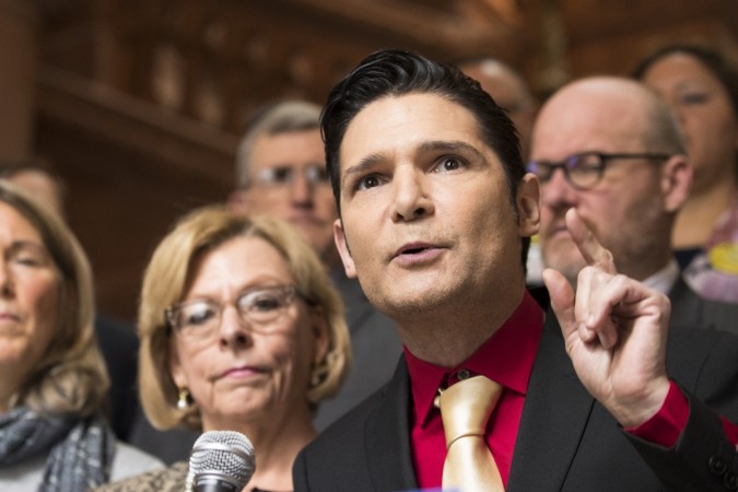 Actor Corey Feldman speaks in support of the Child Victims Act on March 14, 2018 at the New York State Capitol in Albany, New York. Corey Feldman
