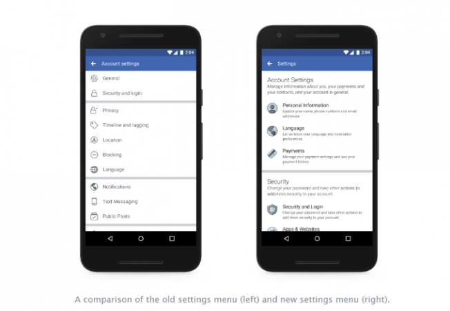 Facebook's new user privacy settings interface compared to old version on Android phone Facebook, user privacy settings, accessibility