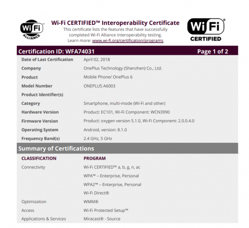 OnePlus 6 is confirmed to come with Android Oreo software OnePlus 6, Wi-Fi Alliance, Certifications
