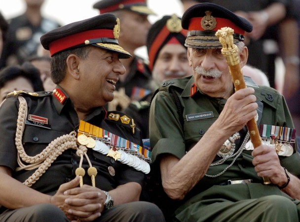 Retired Field Marshal Sam Manekshaw (R) talks with Chief of Indian Army Staff, General N.C. Vij during a military parade in New Delhi. manekshaw