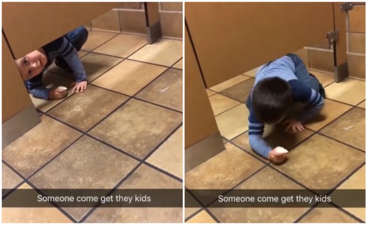 Boy crawling into restroom shows how to slide into your crush's inbox. little slides in through bathroom door