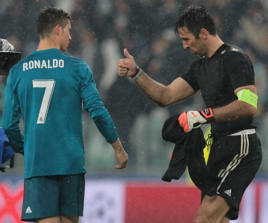 Juventus goalkeeper Gianluigi Buffon congratulates Real Madrid's Cristiano Ronaldo after the Champions League match Cristiano Ronaldo