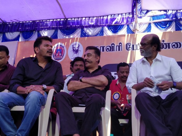 A picture of Shankar, Kamal Haasan and Rajinikanth at the Nadigar Sangam protest event. Shankar, Kamal Haasan and Rajinikanth
