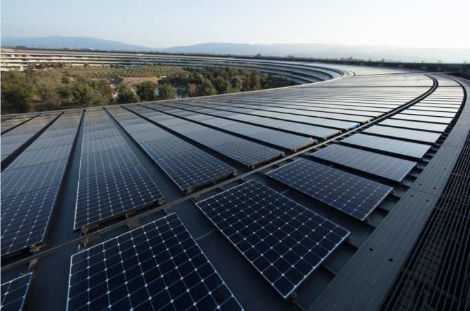 Apple's new headquarters in Cupertino is powered by 100 percent renewable energy, in part from a 17-megawatt onsite rooftop solar installation. Apple Park, renewable energy,
