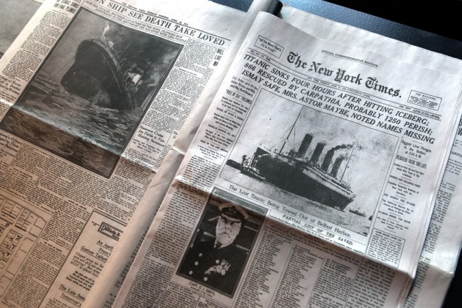 The front page of The New York Times April 15, 1912 edition details the sinking of the RMS Titanic at the opening of the 'Titanic at 100: Myth and Memory' exhibition on April 10, 2012 in New York City. RMS Titanic