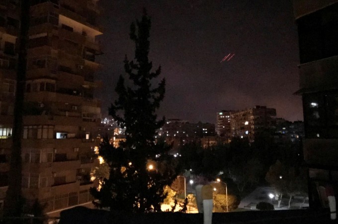 Anti-aircraft fire is seen over Damascus,Syria early April 14, 2018. US airstrike on Syria