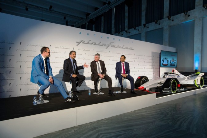 From L to R Michael Perschke, CEO of Automobili Pininfarina, Anand Mahindra, Chairman of Mahindra Group, Paolo Pininfarina, Chairman of Pininfarina SpA, and Dr. Pawan Goenka, MD, M&M Ltd. Automobili Pininfarina