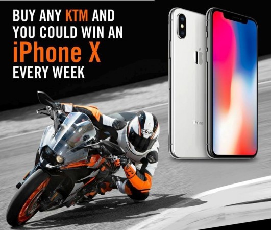 New KTM buyers need to visit contest website and write a Facebook post to be eligible to win iPhone X. KTM India offer to win iPhone X
