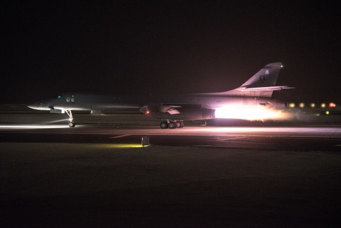 One of the two B-1B Lancer deployed to the 379th Air Expeditionary Wing prepares to launch a strike mission from Al Udeid AIr Base, Qatar, April 13, carrying the JASSM-ER missiles on board. B-1B Lancer