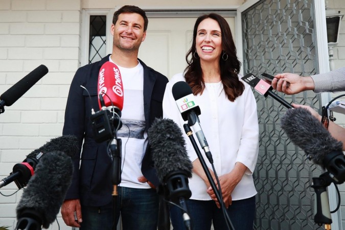 Prime Minister Jacinda Ardern and her partner Clarke Gayford speak to the media January 19, 2018 in Auckland, New Zealand. Jacinda Ardern and her partner Clarke Gayford are expecting their first child in June 2018. jacinda ardern