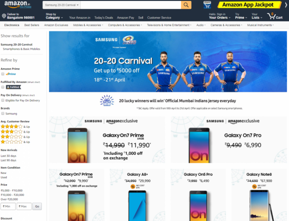 Amazon India Samsung 20-20 Carnival Sale banner (Screenshot) Amazon India Samsung 20-20 carnival Sale