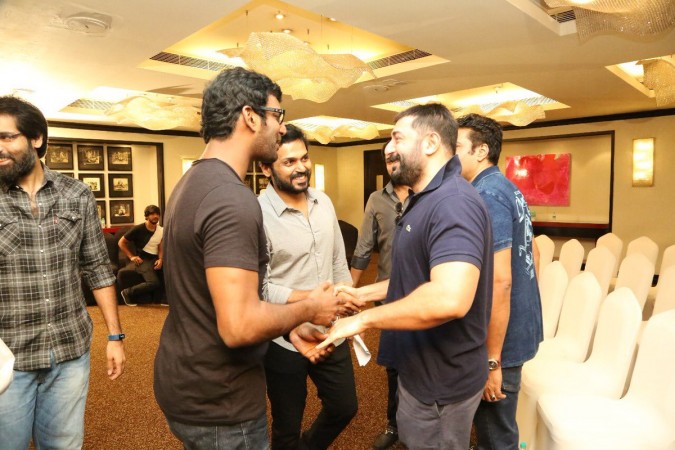 Vishal welcoming Arvind Swami to the Nadigar Sangam meeting. Vishal with Arvind Swami at Nadigar Sangam Meeting