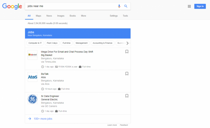 Google job search feature (screenshot) Google jobs Portal feature