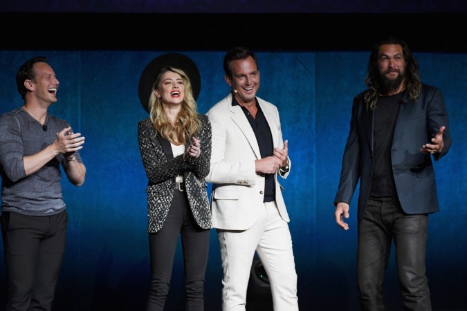 Actors Patrick Wilson, Amber Heard, Will Arnett and Jason Momoa speak onstage during CinemaCon 2018 while presenting the Aquaman footage. aquaman