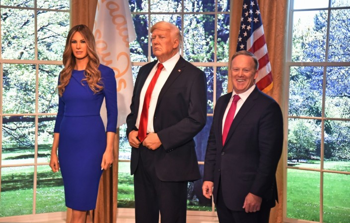 Wax figure of the First Lady Melania Trump and US President Donald Trump and Sean Spicer