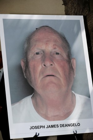 A poster with a mug shot of Joseph James Deangelo, who has been arrested as a suspect in the East Area Rapist/Original Night Stalker/Golden State Killer cases throughout California Golden State Killer