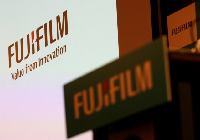 Fujifilm Holdings' logos are pictured ahead of its news conference in Tokyo Fujifilm