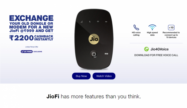 Relaince Jio is offering the JioFi M2S Wi-Fi hotspot for Rs 999 on exchange with your old Wi-Fi dongle along with cashback worth Rs 2,200 JioFi M2S Exchange cashback offer