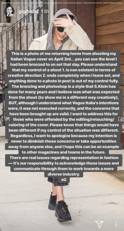 Gigi Hadid's Instagram story regarding Vogue Italia controversy Gigi Hadid's Instagram story regarding Vogue Italia controversy