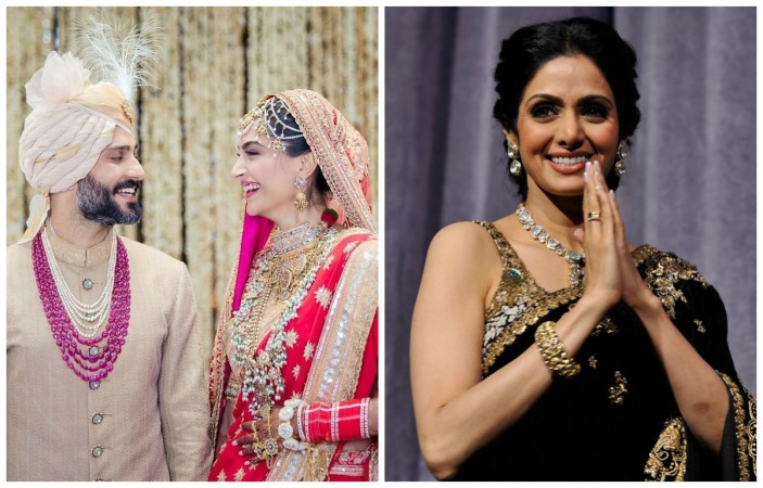 Sonam Kapoor and Anand Ahuja on their wedding (left), Sridevi (right) Sonam Kapoor and Anand Ahuja (left), Sridevi (right)