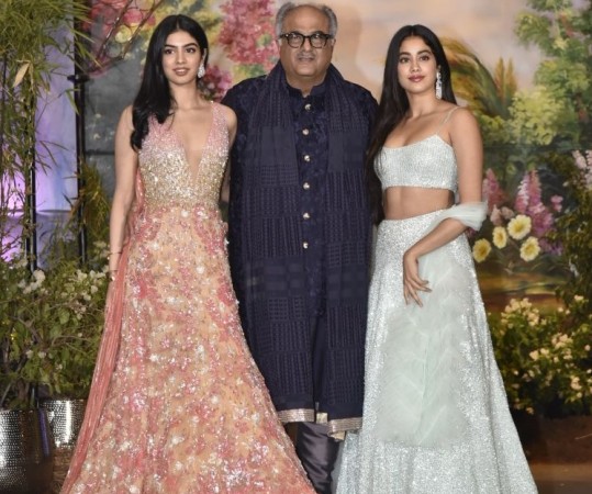 Boney Kapoor with daughters Khushi Kapoor and Jhanvi Kapoor at the reception of his niece Sonam Kapoor Sonam Kapoor and Anand Ahuja