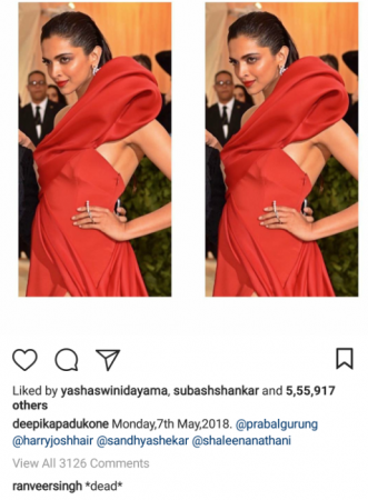 Ranveer Singh reacts to Deepika Padukone's Met Gala 2018 outfit Deepika Padukone, Ranveer Singh, Met Gala 2018