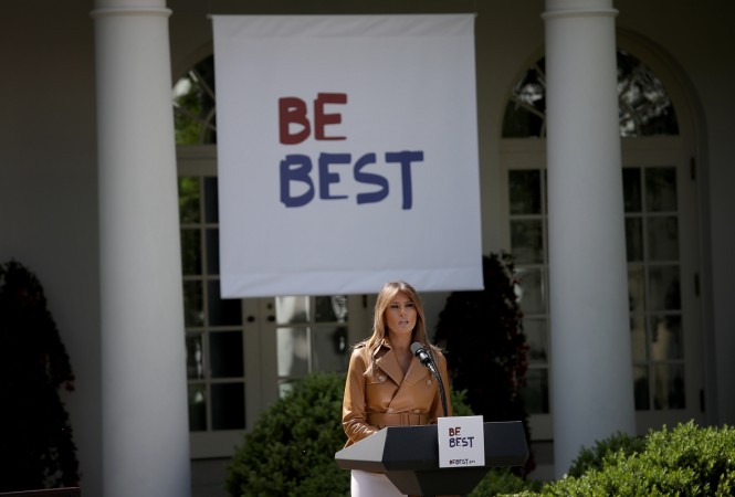 U.S. first lady Melania Trump speaks in the Rose Garden of the White House May 7, 2018 in Washington, DC. Trump outlined her new initiatives as first lady during the event. Melania Trump