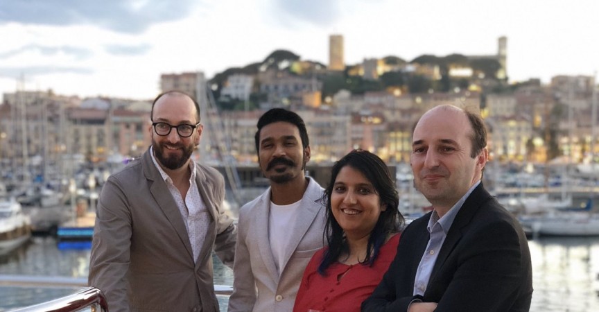 Dhanush with his team members of The Extraordinary Journey of the Fakir at the Cannes Film Festival. Dhanush in Cannes Film Festival