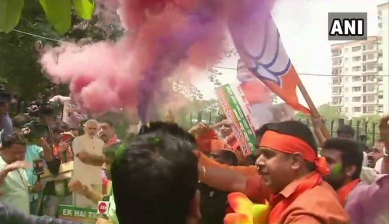 BJP celebrating in Delhi. KARNATAKA ASSEMBLY ELECTIONS