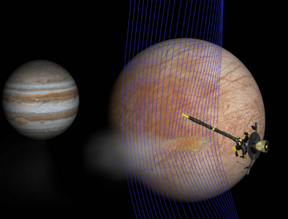 Artist's illustration of Jupiter and Europa (in the foreground) with the Galileo spacecraft Artist's illustration of Jupiter and Europa (in the foreground) with the Galileo spacecraft