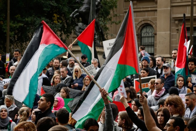 MAY 19: Activists march to commemorate the 70th anniversary of Nakba Day on May 19, 2018 in Melbourne, Australia. Nakba