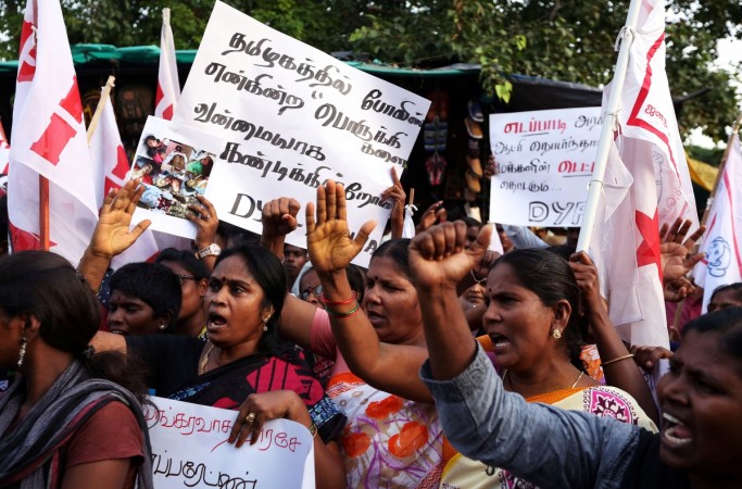 Women shout slogans during a protest against the government and police force. Sterlite protest