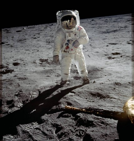 Astronaut Buzz Aldrin walks on the surface of the moon near the leg of the lunar module Eagle during the Apollo 11 mission, mission commander Neil Armstrong took this photograph with a 70mm lunar surface camera Buzz Aldrin