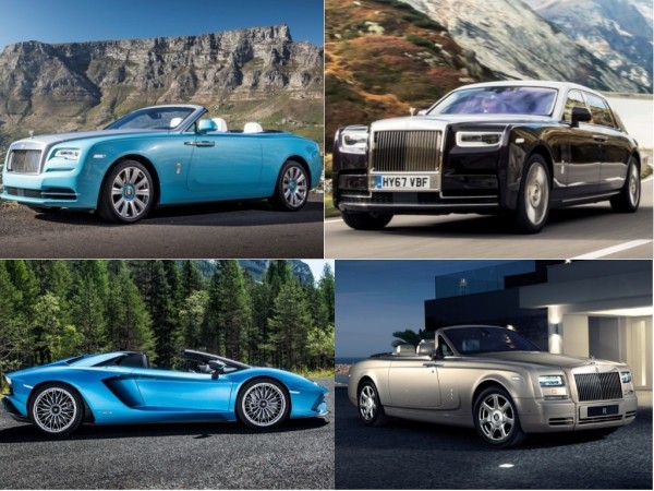 clockwise from top left- Rolls-Royce Dawn, Rolls-Royce Phantom VIII, Rolls-Royce Phantom Drophead Coupe and Lamborghini Aventador S Roadster Most expensive cars in India