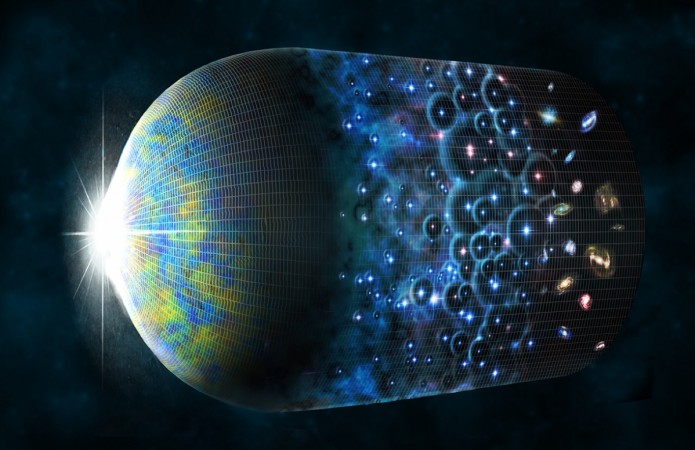 This artist's impression shows the evolution of the Universe beginning with the Big Bang on the left followed by the appearance of the cosmic microwave background. The formation of the first stars ends the cosmic dark ages, followed by the formation of galaxies. Dark Matter