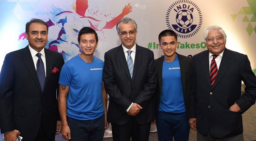 File photo of Sunil Chhetri (2nd from right) and Baichung Bhutia (2nd from left). Sunil Chhetri and Baichung Bhutia