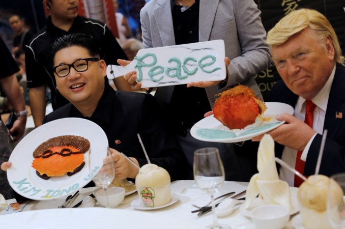 Howard, an Australian-Chinese impersonating North Korean leader Kim Jong Un, and Dennis Alan, who is impersonating U.S. President Donald Trump, attend a commercial event. trump kim
