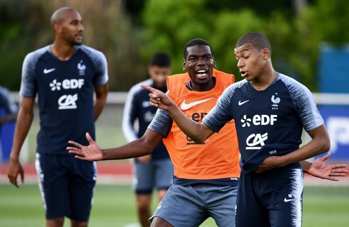 Paul Pogba and Kylian Mbappe have a bit of fun during a France training session Paul Pogba Kylian Mbappe France