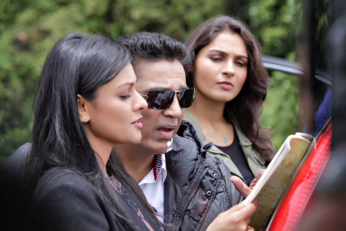 Pooja Kumar, Kamal Haasan and Andrea Jeremiah in Vishwaroopam 2. Pooja Kumar, Kamal Haasan and Andrea in Vishwaroopam 2