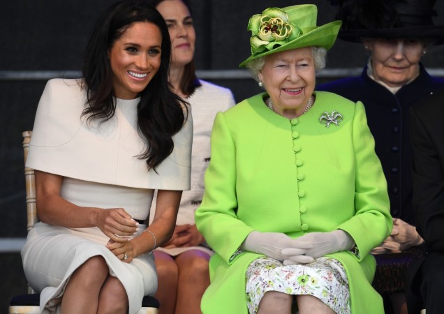 Queen Elizabeth II sits with Meghan, Duchess of Sussex during a ceremony to open the new Mersey Gateway Bridge on June 14, 2018 in the town of Widnes in Halton, Cheshire, England. Meghan Markle married Prince Harry last month to become The Duchess of Sussex and this is her first engagement with the Queen. During the visit the pair will open a road bridge in Widnes and visit The Storyhouse and Town Hall in Chester. Queen, Meghan Markle